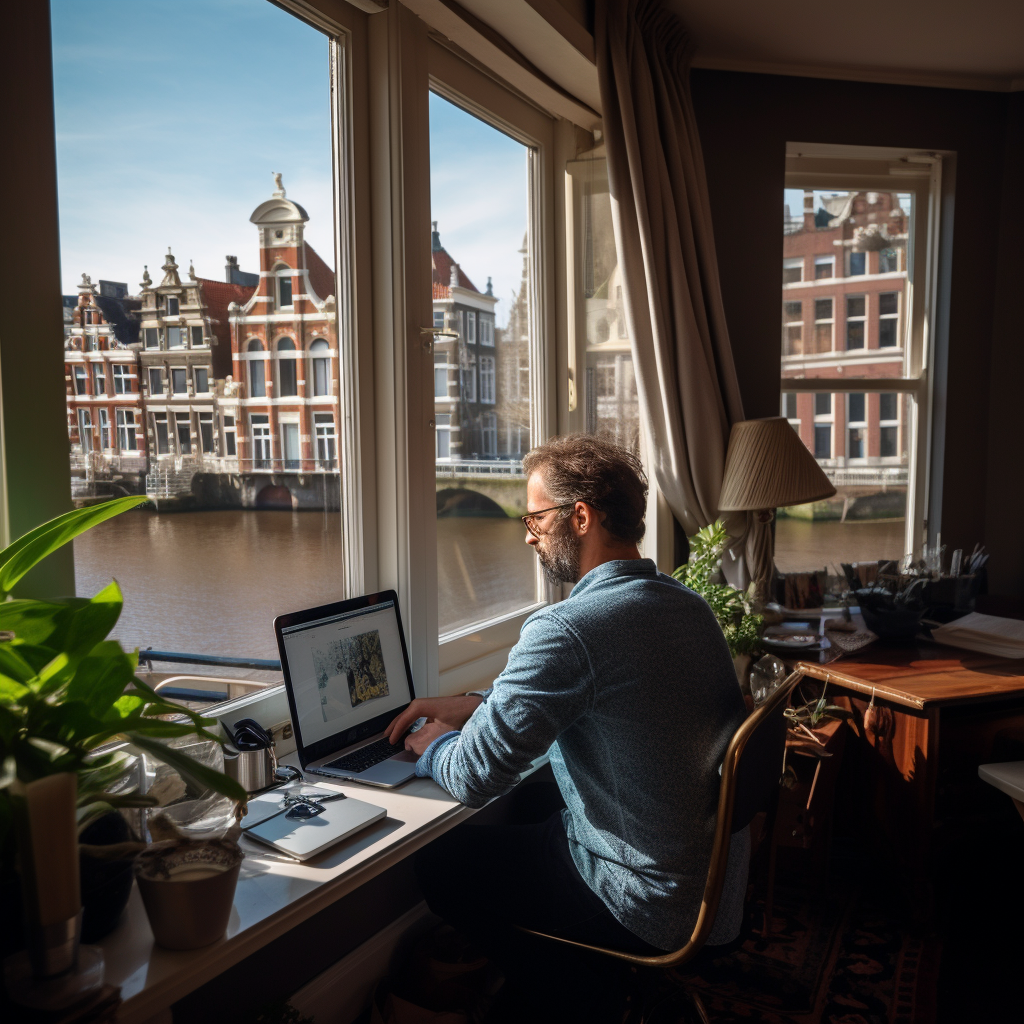 Een man in zijn thuiskantoor in Amsterdam.