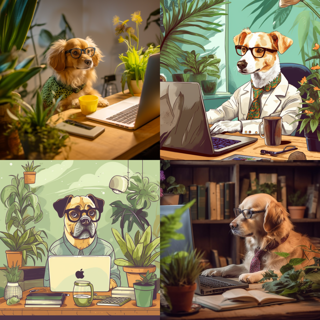 Honden aan het werk als copywriter. Afbeelding gemaakt met AI.