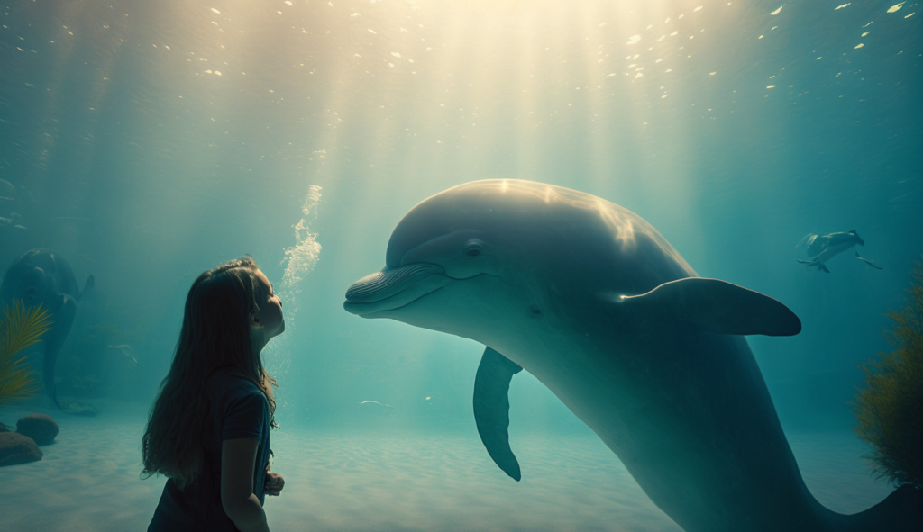 Meisje traint dolfijn in aquarium.