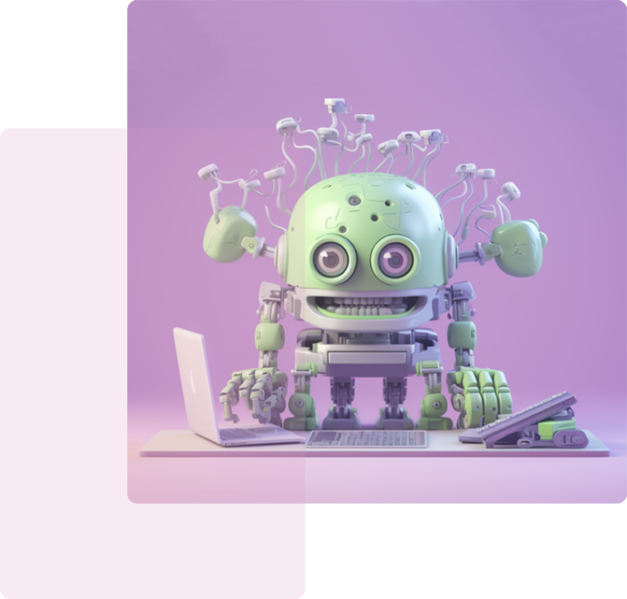 a light coloured image of a happy robot brain behind a computer with brains in the background, in the syle of very light green and light lilac, isolated on a light background